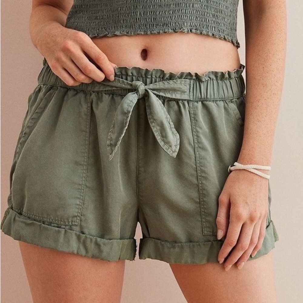 Aerie Olive Tie High Waist Paperbag Lyocell Shorts